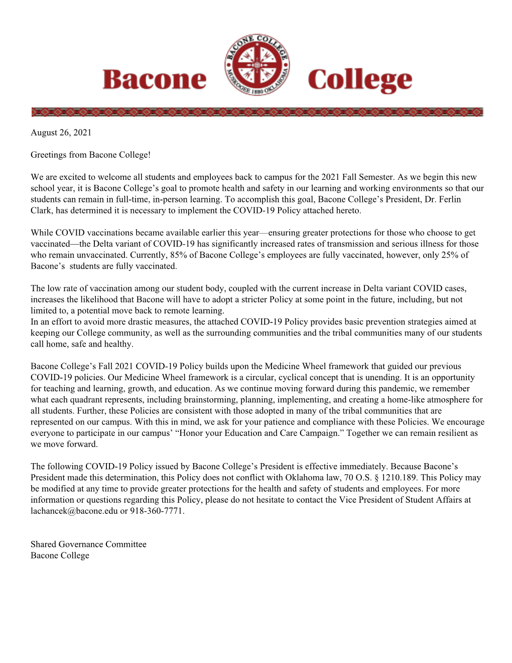 Bacone College COVID Policy 0262021 Update FINAL