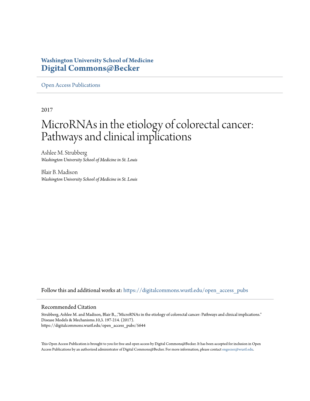 Micrornas in the Etiology of Colorectal Cancer: Pathways and Clinical Implications Ashlee M