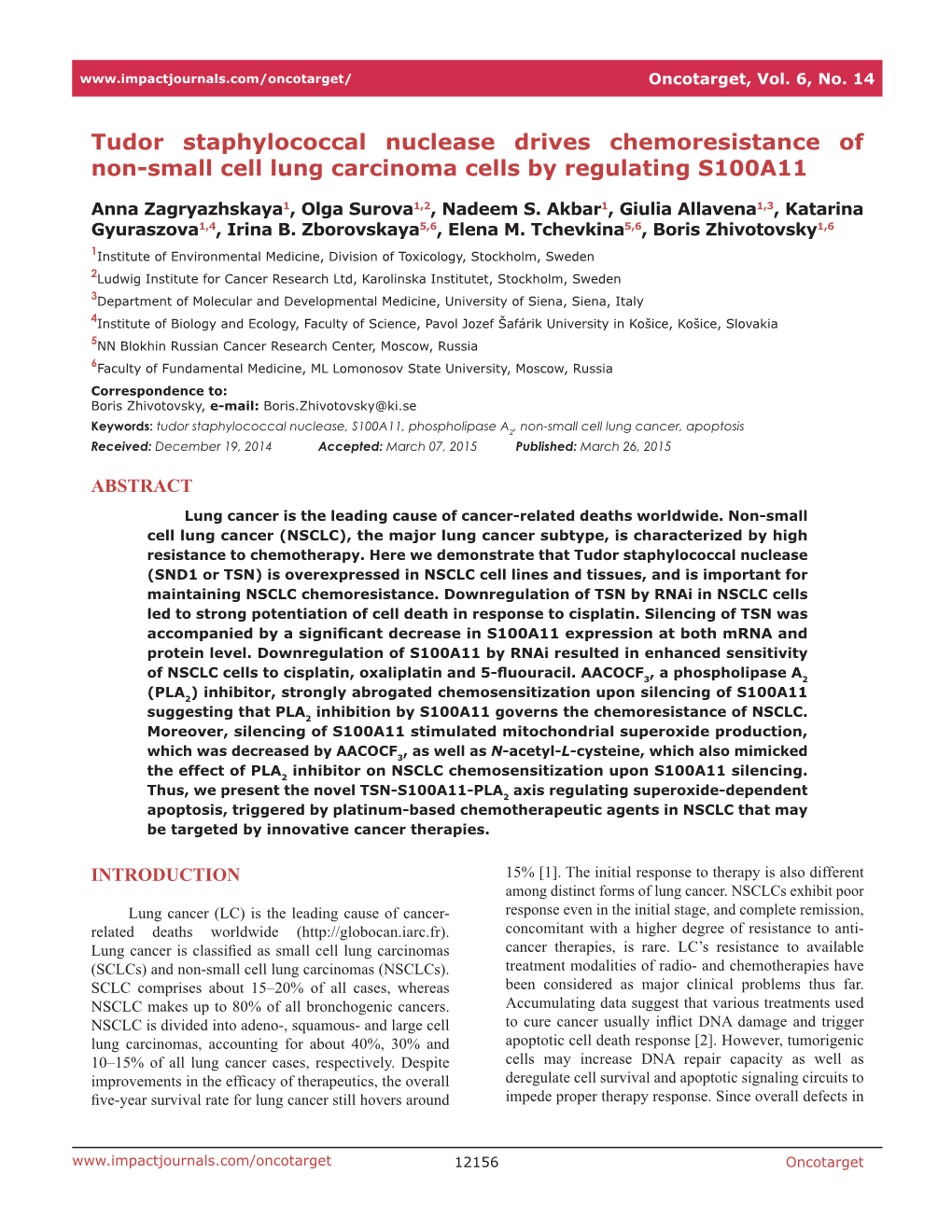 Tudor Staphylococcal Nuclease Drives Chemoresistance of Non-Small Cell