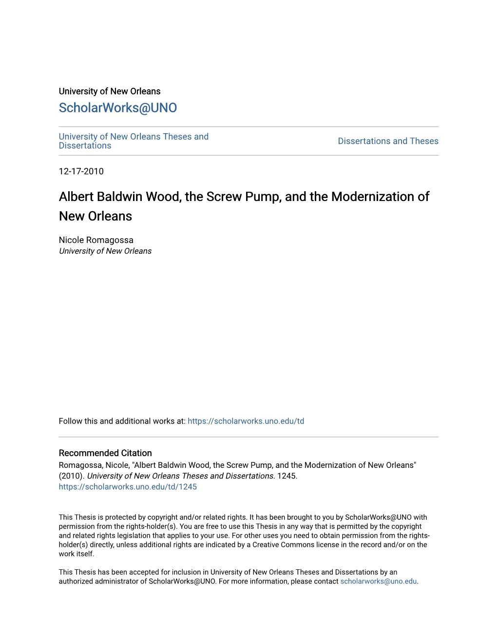 Albert Baldwin Wood, the Screw Pump, and the Modernization of New Orleans