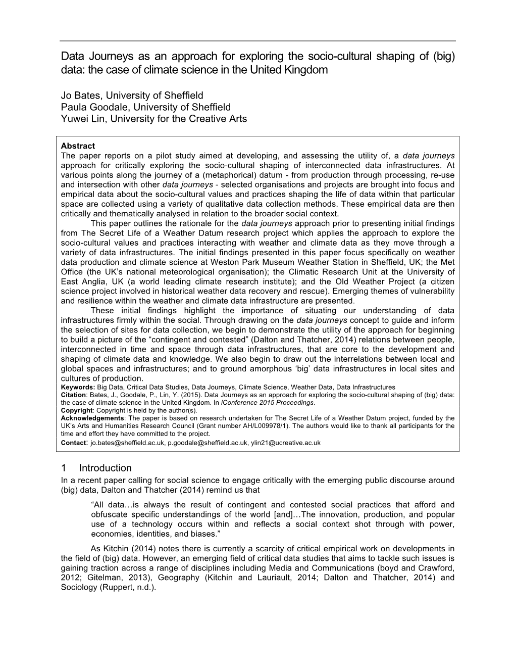 Data Journeys As an Approach for Exploring the Socio-Cultural Shaping of (Big) Data: the Case of Climate Science in the United Kingdom