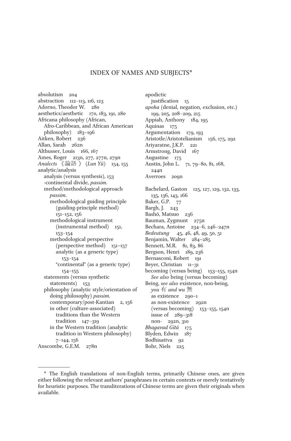 OF NAMES and SUBJECTS* Absolutism 204 Apodictic Abstraction 112–113, 116, 123 Justification 15 Adorno, Theodor W