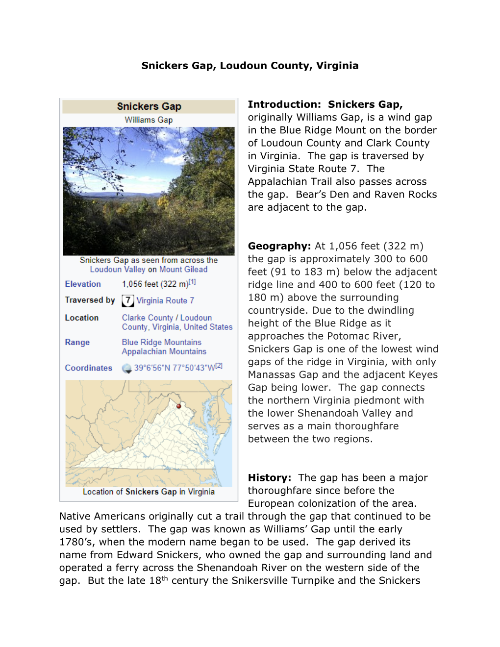 Snickers Gap, Loudoun County, Virginia Introduction: Snickers Gap