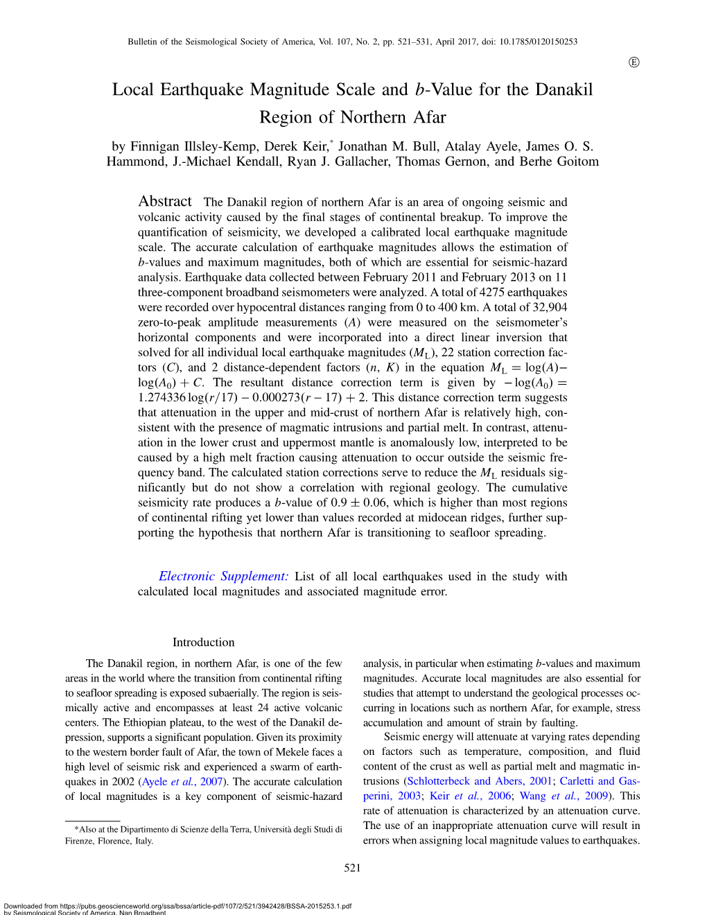 Local Earthquake Magnitude Scale and B-Value for the Danakil Region of Northern Afar by Finnigan Illsley-Kemp, Derek Keir,* Jonathan M