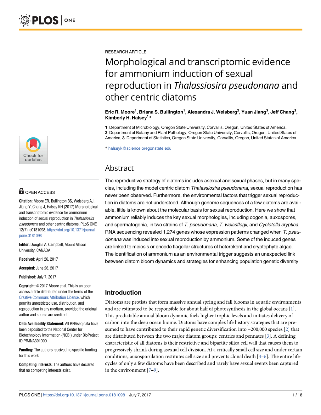 Morphological and Transcriptomic Evidence for Ammonium Induction of Sexual Reproduction in Thalassiosira Pseudonana and Other Centric Diatoms