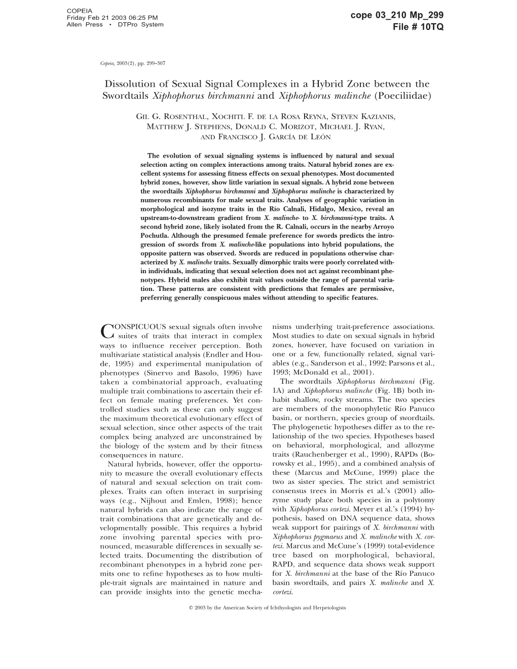 Dissolution of Sexual Signal Complexes in a Hybrid Zone Between the Swordtails Xiphophorus Birchmanni and Xiphophorus Malinche (Poeciliidae)