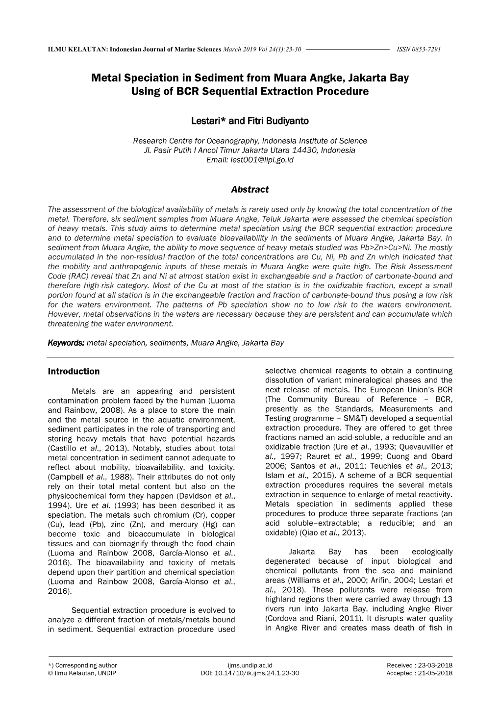 Metal Speciation in Sediment from Muara Angke, Jakarta Bay Using of BCR Sequential Extraction Procedure