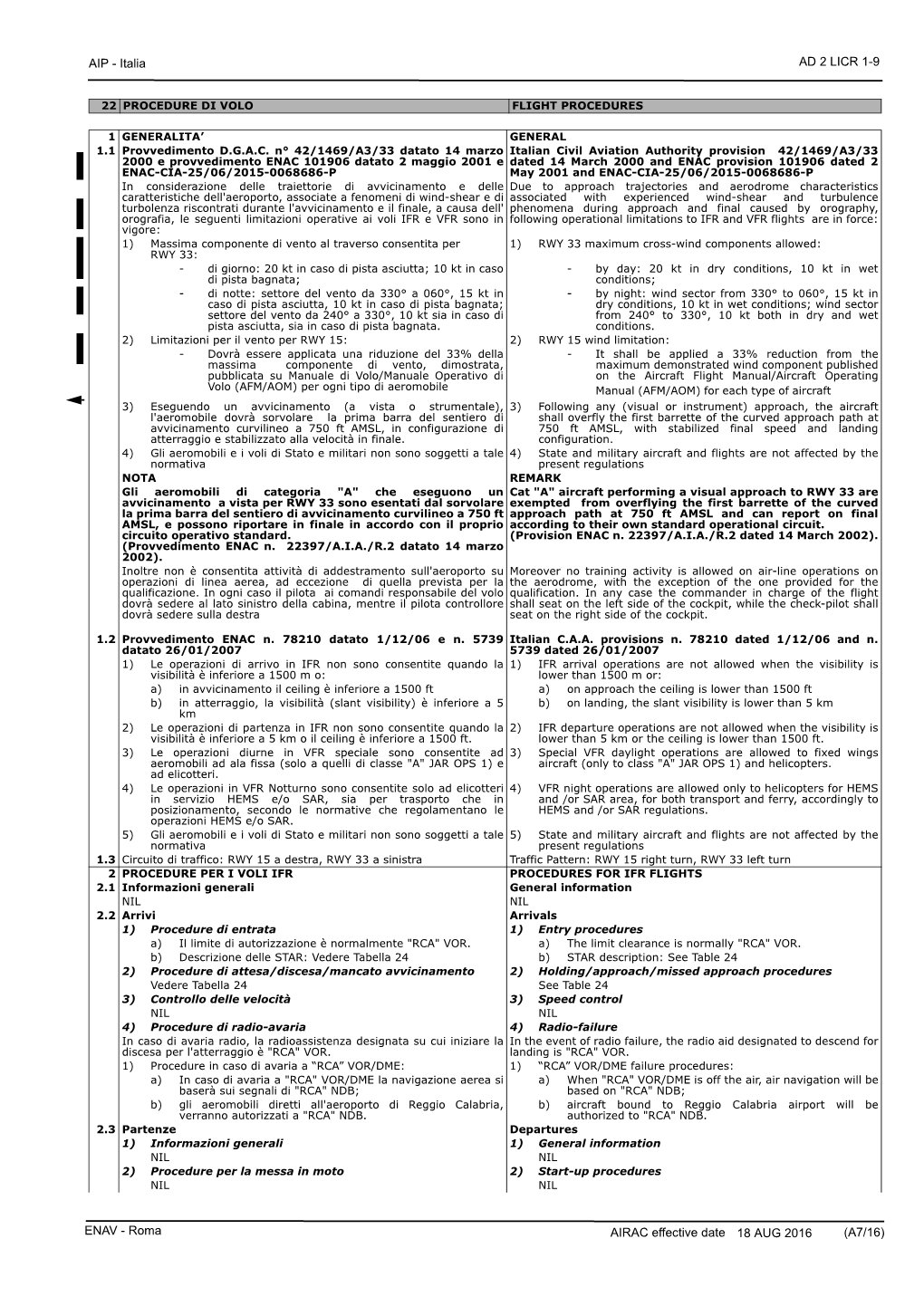 Roma AIRAC Effective Date 18 AUG 2016 (A7/16) AD 2 LICR 1-10 AIP - Italia