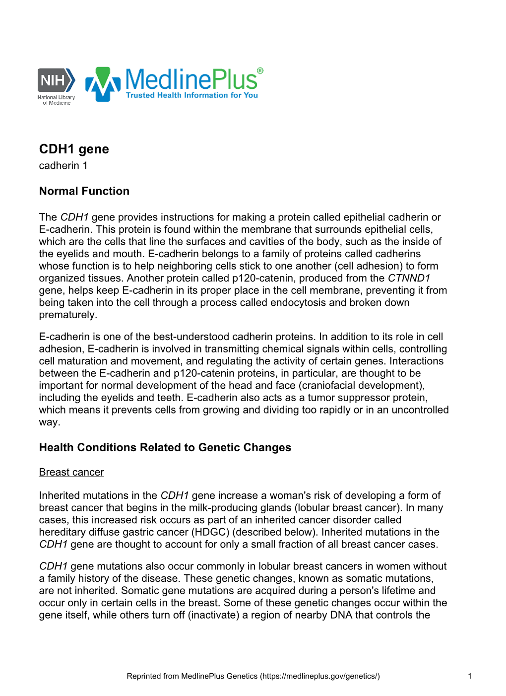 CDH1 Gene Cadherin 1