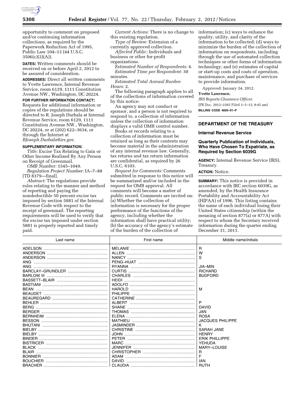 Federal Register/Vol. 77, No. 22/Thursday, February 2, 2012