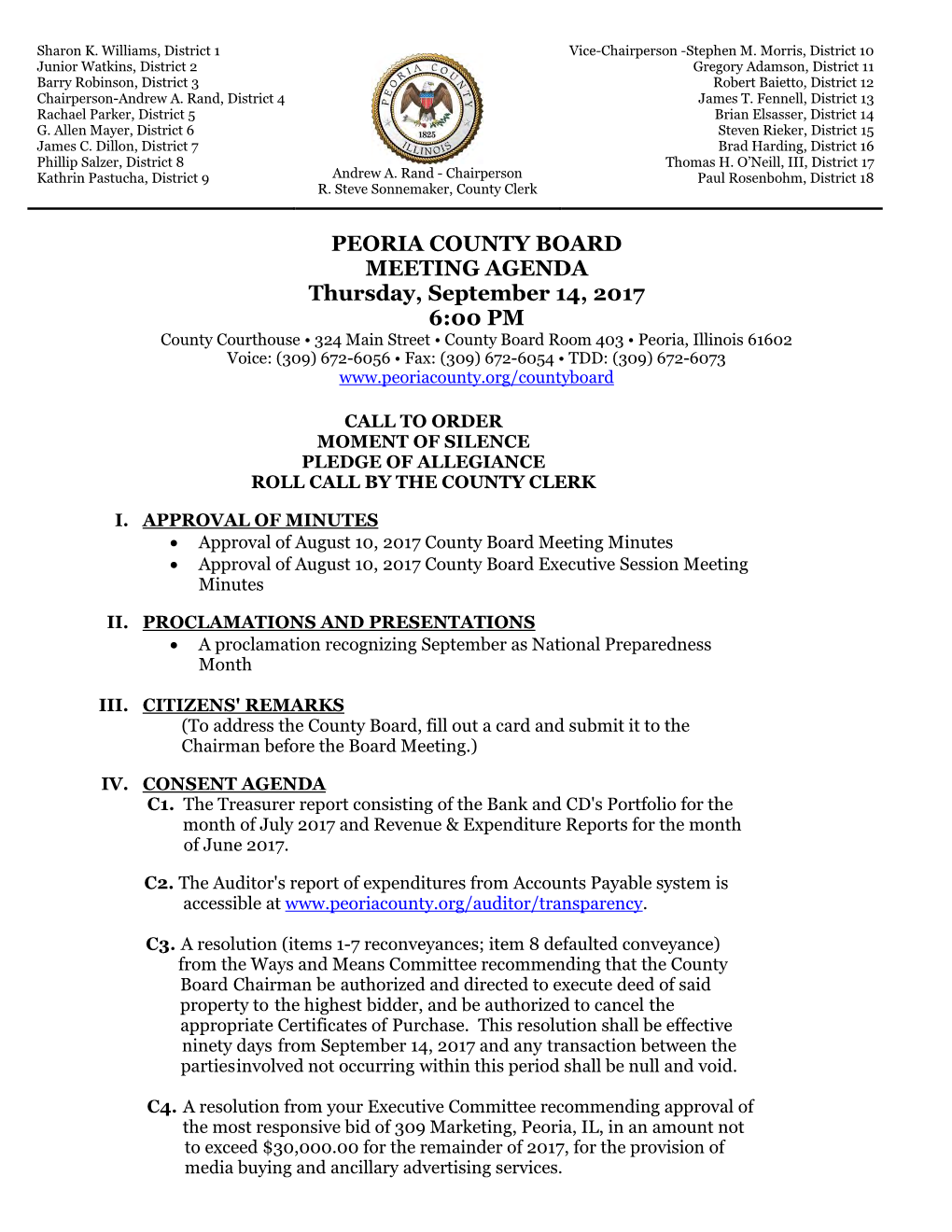 PEORIA COUNTY BOARD MEETING AGENDA Thursday, September 14