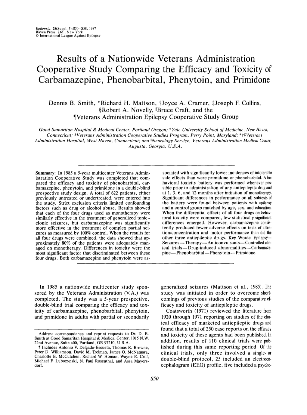 Results of a Nationwide Veterans Administration Cooperative Study Comparing the Efficacy and Toxicity of Carbamazepine, Phenobarbital, Phenytoin, and Primidone