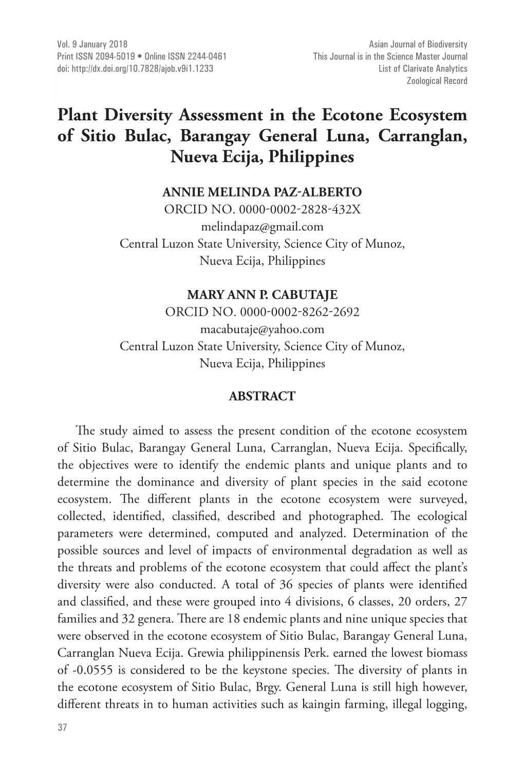 Plant Diversity Assessment in the Ecotone Ecosystem of Sitio Bulac, Barangay General Luna, Carranglan, Nueva Ecija, Philippines