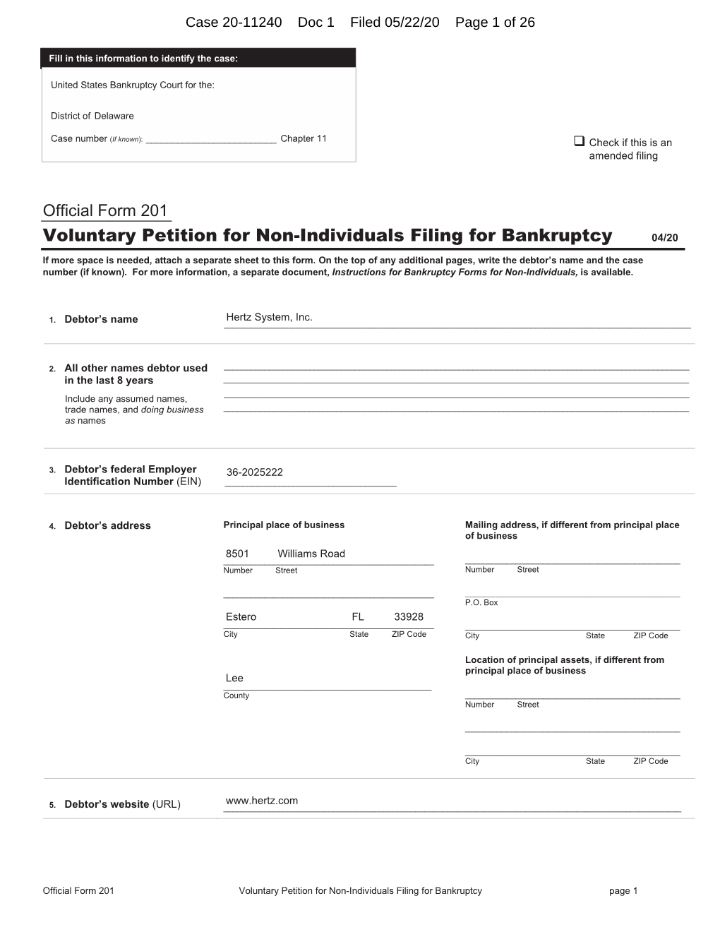 Voluntary Petition for Non-Individuals Filing for Bankruptcy 04/20 If More Space Is Needed, Attach a Separate Sheet to This Form