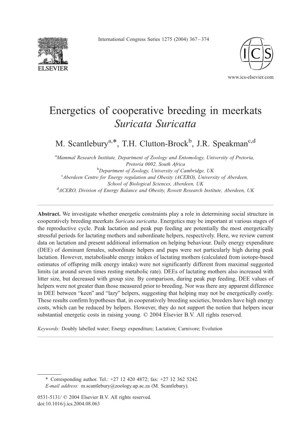 Energetics of Cooperative Breeding in Meerkats Suricata Suricatta