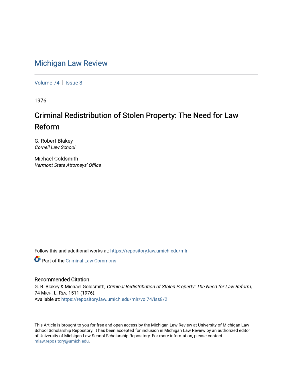 Criminal Redistribution of Stolen Property: the Need for Law Reform