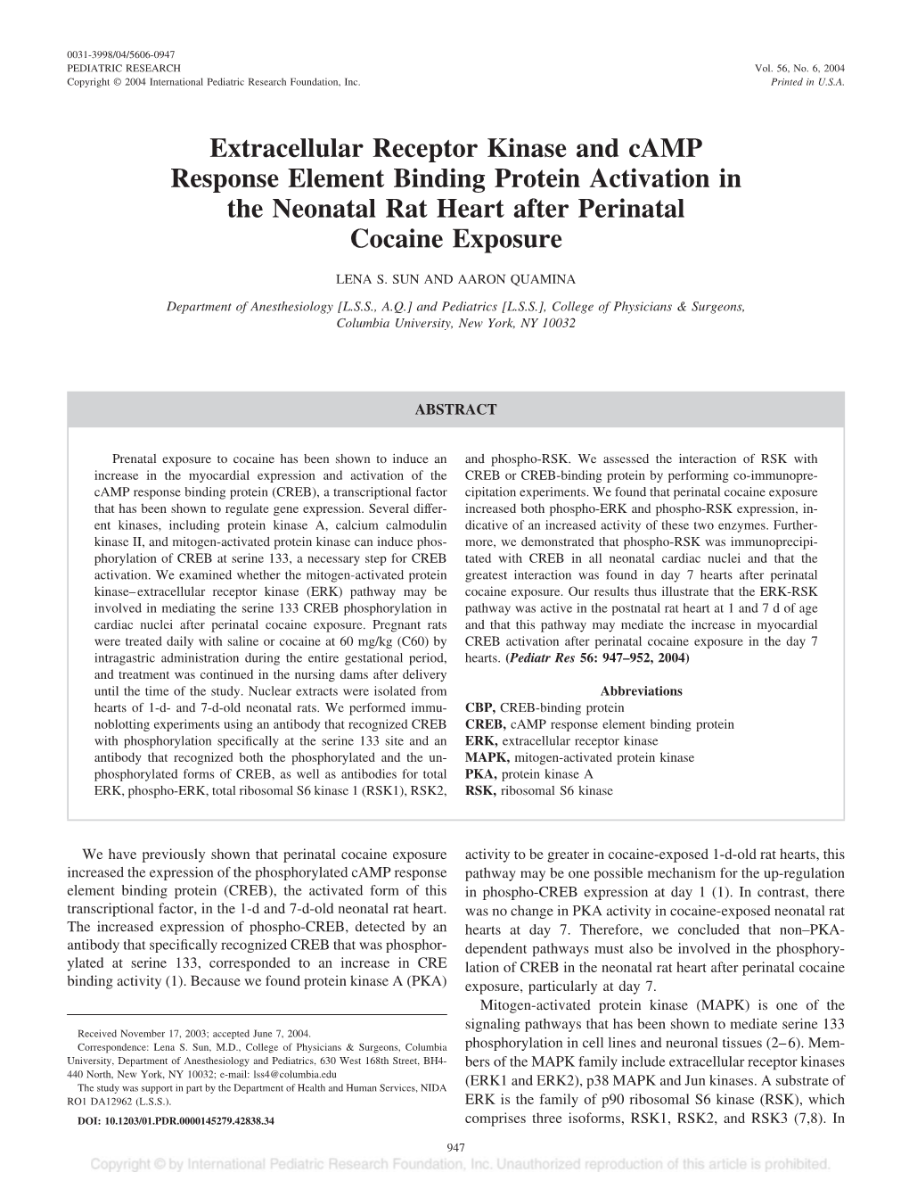 Extracellular Receptor Kinase and Camp Response Element Binding Protein Activation in the Neonatal Rat Heart After Perinatal Cocaine Exposure