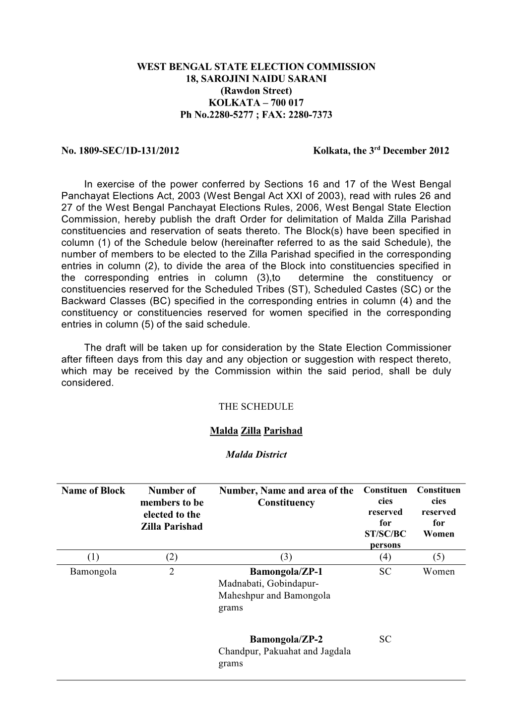 WEST BENGAL STATE ELECTION COMMISSION 18, SAROJINI NAIDU SARANI (Rawdon Street) KOLKATA – 700 017 Ph No.2280-5277 ; FAX: 2