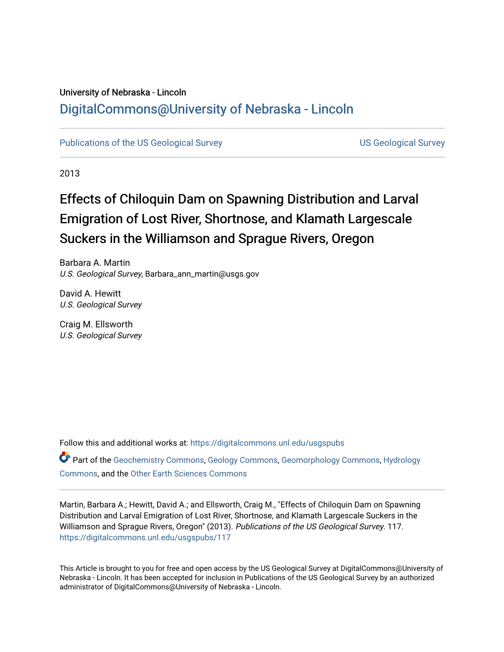 Effects of Chiloquin Dam on Spawning Distribution and Larval Emigration of Lost River, Shortnose, and Klamath Largescale Sucke