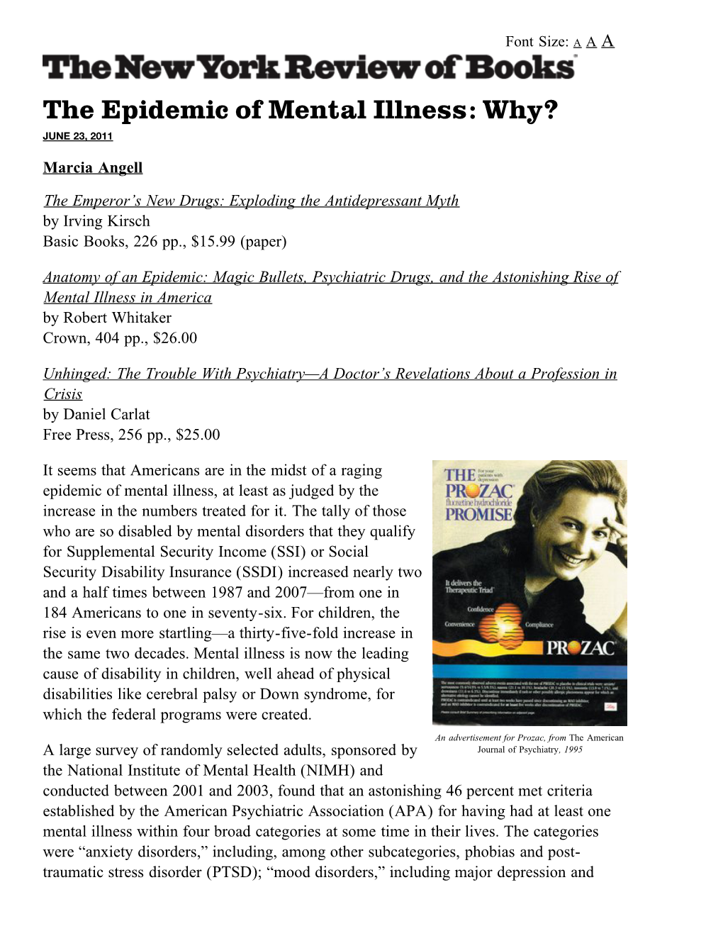 The Epidemic of Mental Illness: Why? by Marcia Angell