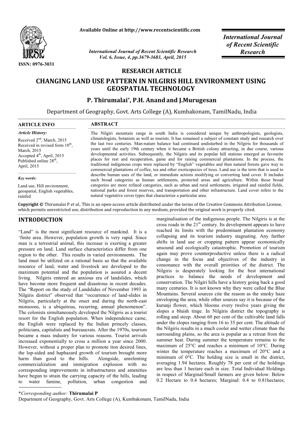 Changing Land Use Pattern in Nilgiris Hill Environment Using Geospatial Technology P