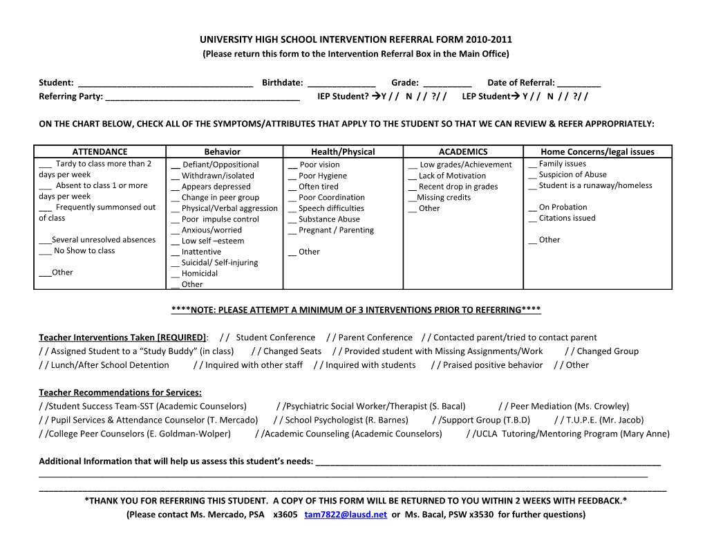 University High School Intervention Referral Form