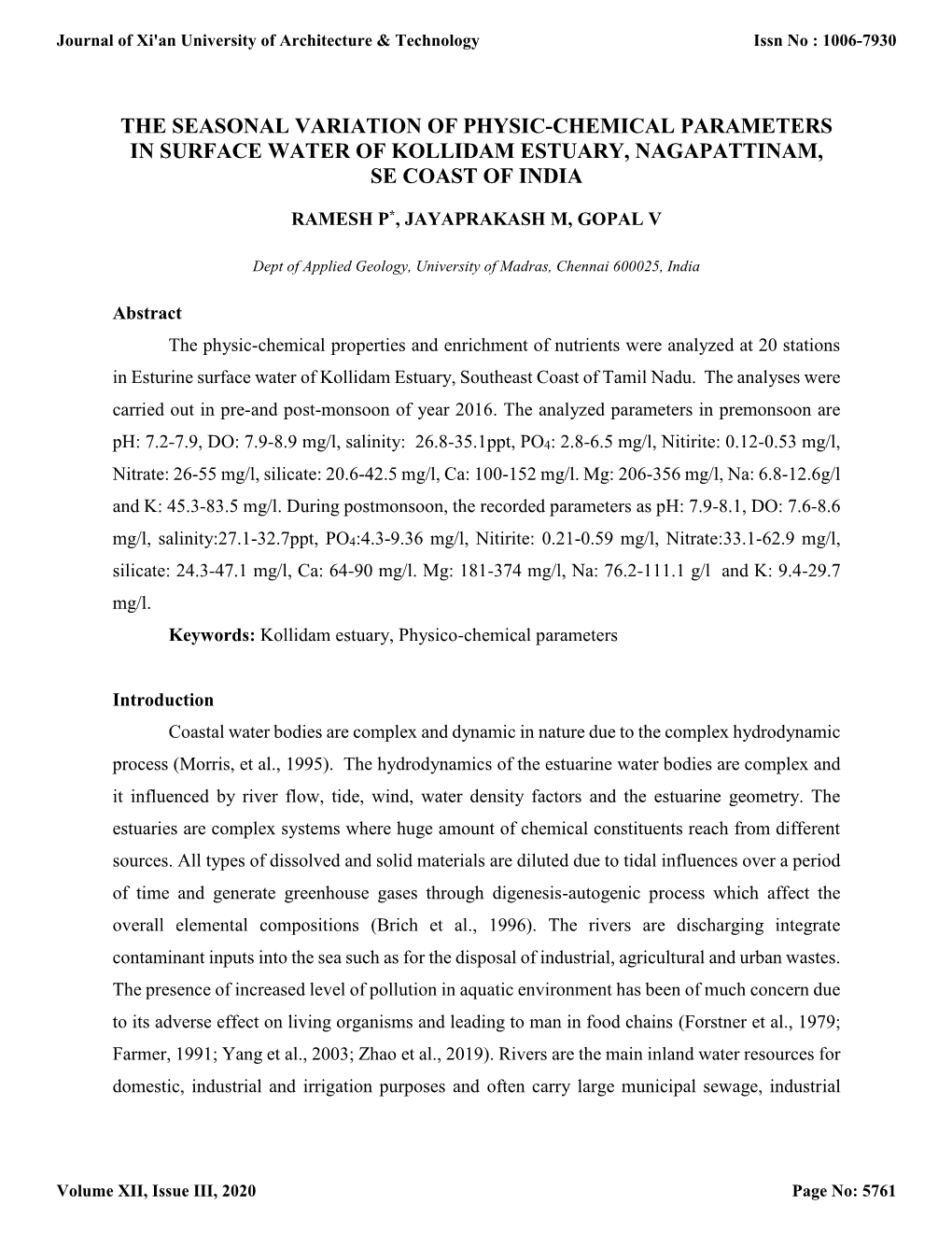 The Seasonal Variation of Physic-Chemical Parameters in Surface Water of Kollidam Estuary, Nagapattinam, Se Coast of India