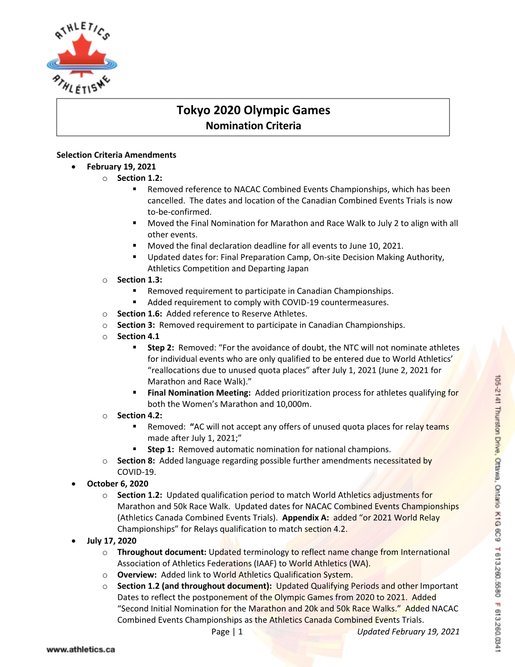 Tokyo 2020 Olympic Games Nomination Criteria