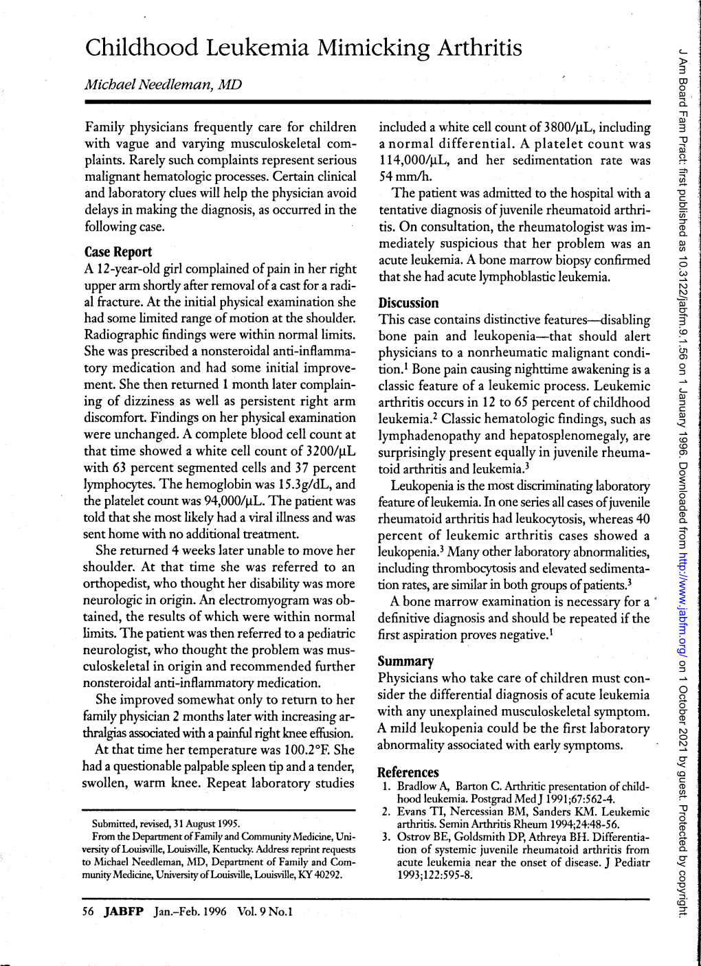 Childhood Leukemia Mimicking Arthritis J Am Board Fam Pract: First Published As 10.3122/Jabfm.9.1.56 on 1 January 1996