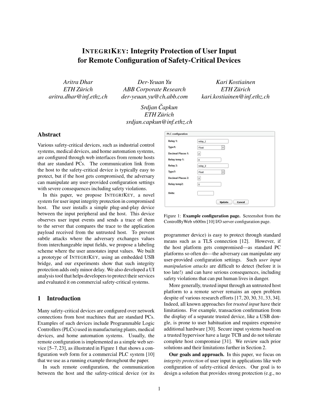 INTEGRIKEY: Integrity Protection of User Input for Remote Conﬁguration of Safety-Critical Devices