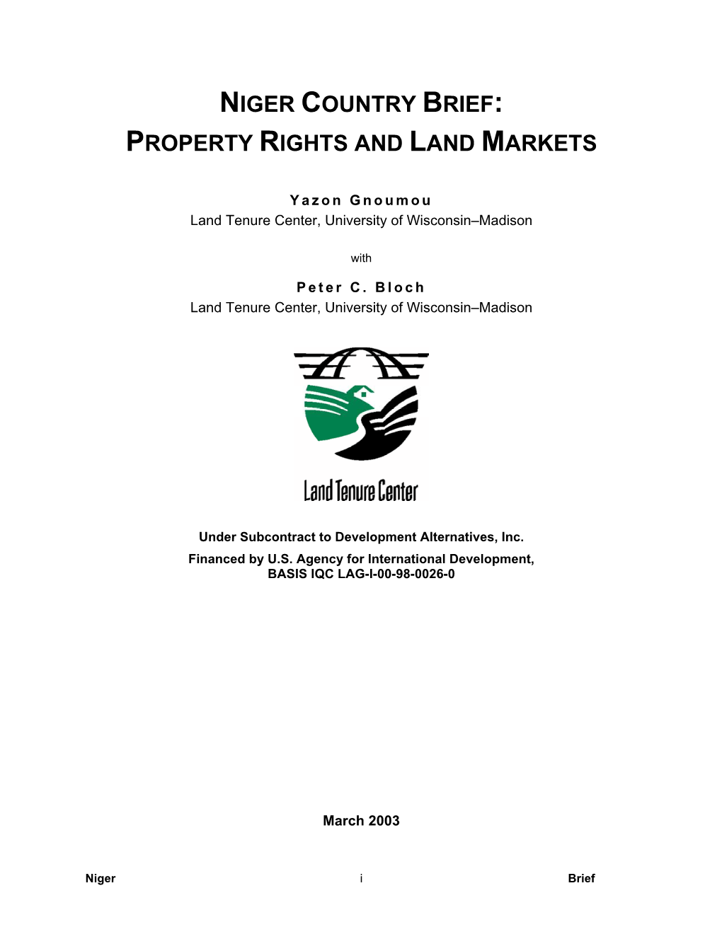 Niger Country Brief: Property Rights and Land Markets