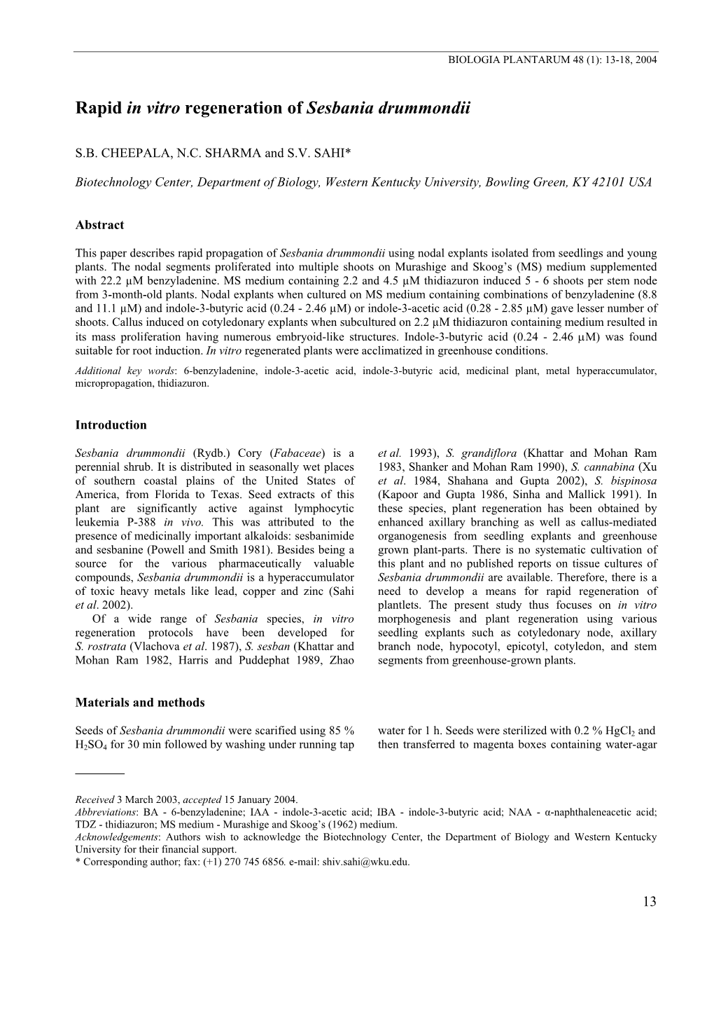 Rapid in Vitro Regeneration of Sesbania Drummondii