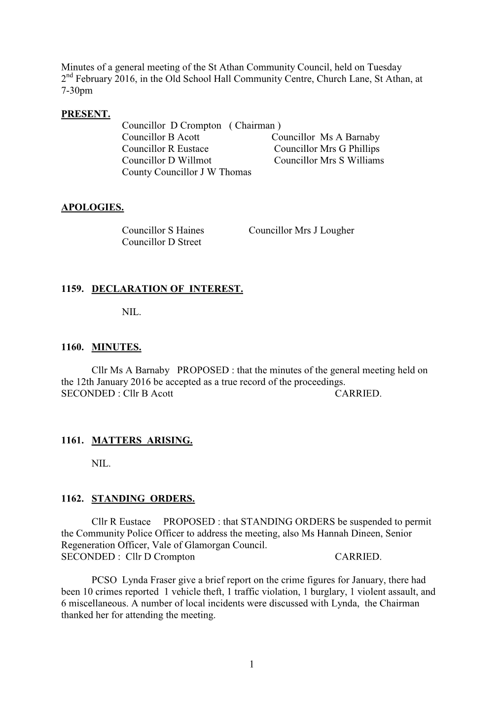 1 Minutes of a General Meeting of the St Athan Community Council, Held