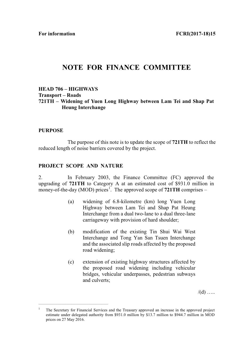 Note for Finance Committee