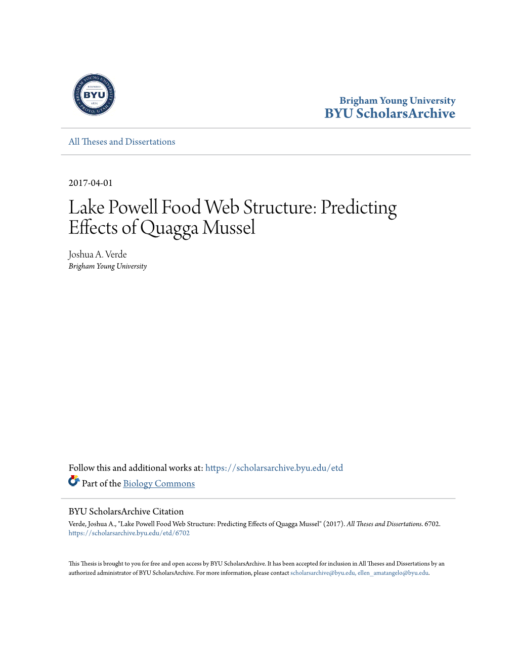 Lake Powell Food Web Structure: Predicting Effects of Quagga Mussel Joshua A