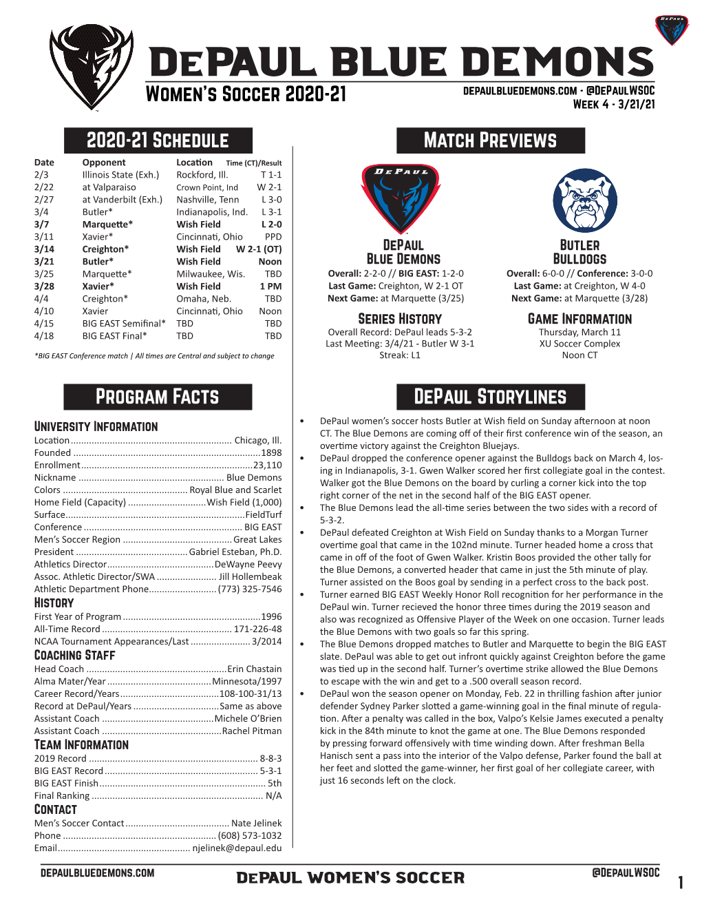 Depaul Blue Demons Women’S Soccer 2020-21 Depaulbluedemons.Com - @Depaulwsoc Week 4 - 3/21/21