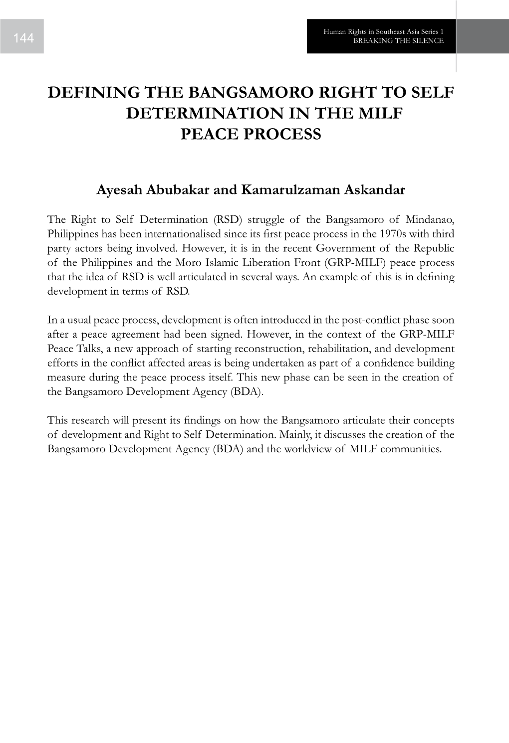Defining the Bangsamoro Right to Self Determination in the MILF Peace Process