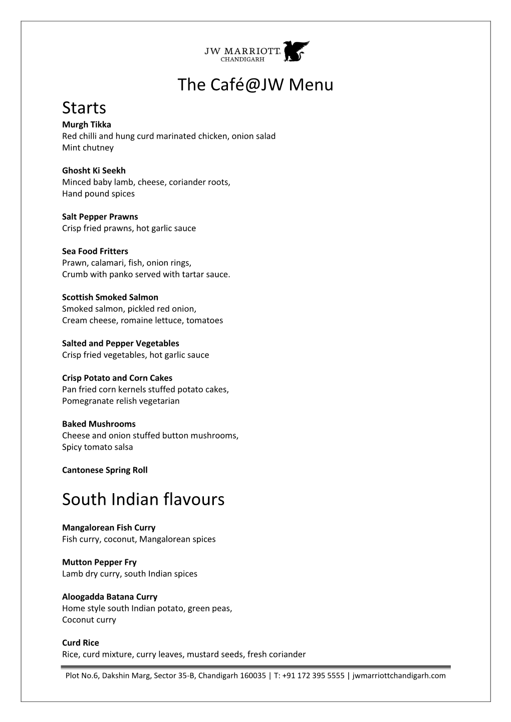 The Cafe@JW a La Carte Menu