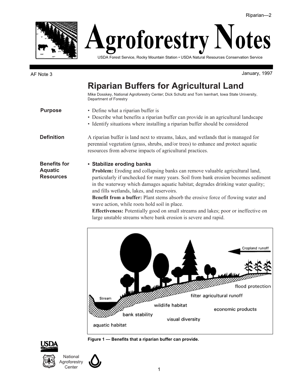 Riparian Buffers for Agricultural Land Mike Dosskey, National Agroforestry Center; Dick Schultz and Tom Isenhart, Iowa State University, Department of Forestry