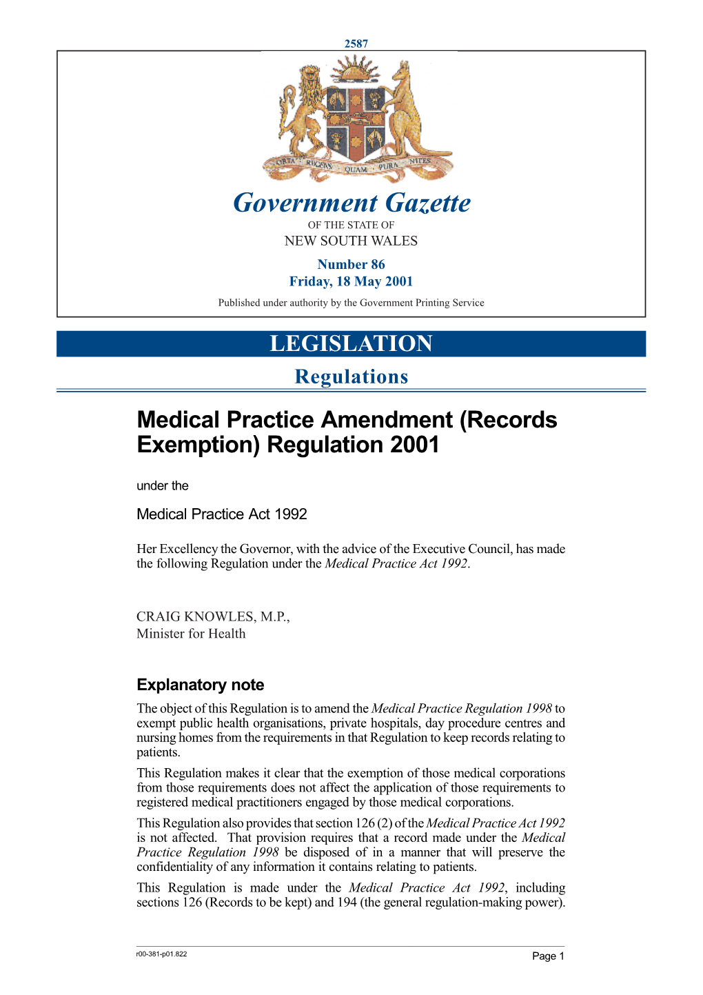 Government Gazette of the STATE of NEW SOUTH WALES Number 86 Friday, 18 May 2001 Published Under Authority by the Government Printing Service