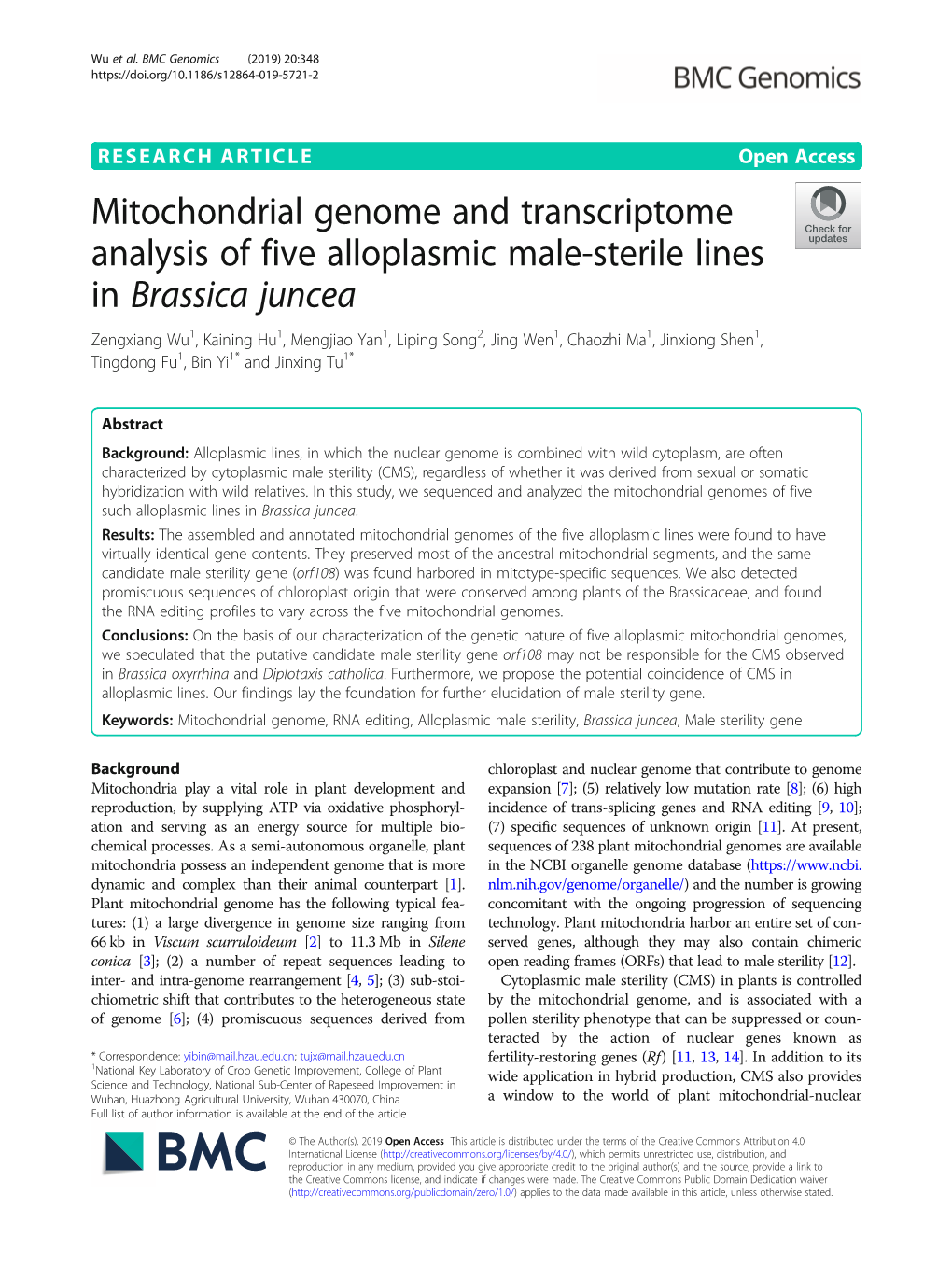 Mitochondrial Genome and Transcriptome Analysis of Five
