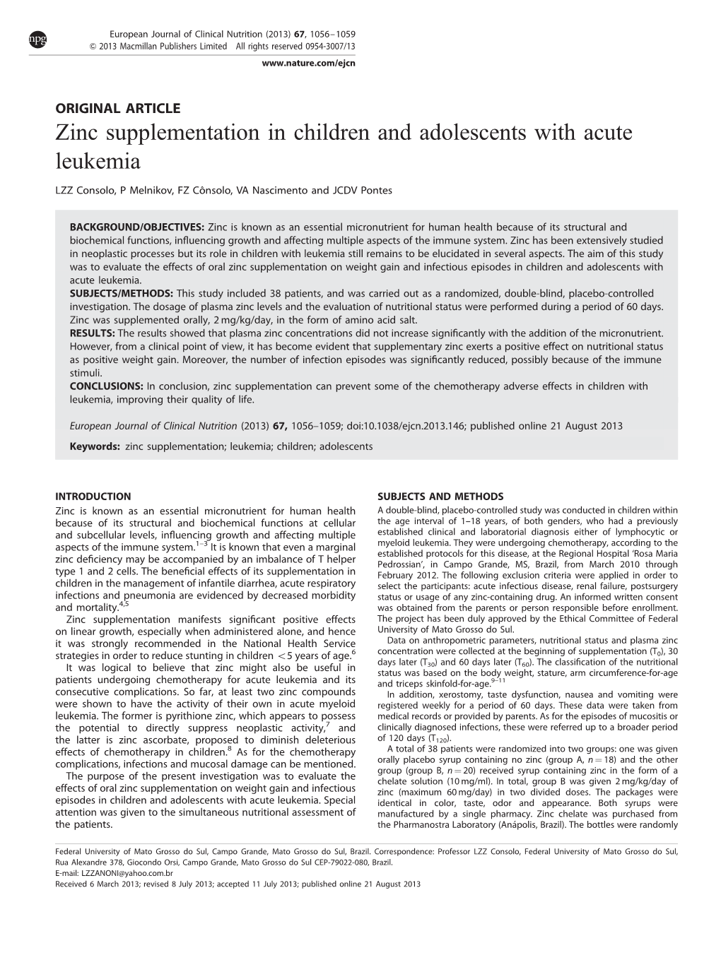 Zinc Supplementation in Children and Adolescents with Acute Leukemia