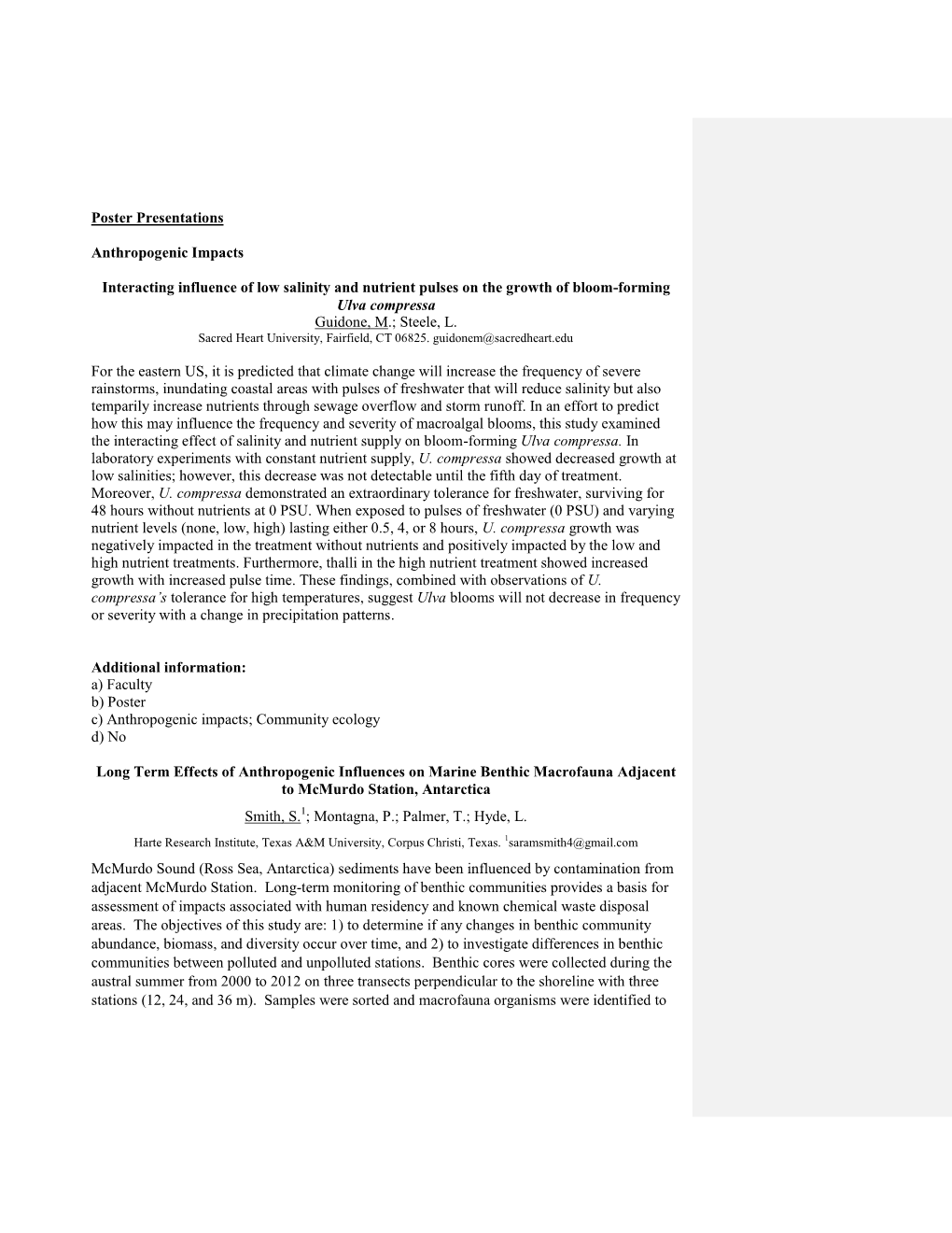 Poster Presentations Anthropogenic Impacts Interacting Influence of Low