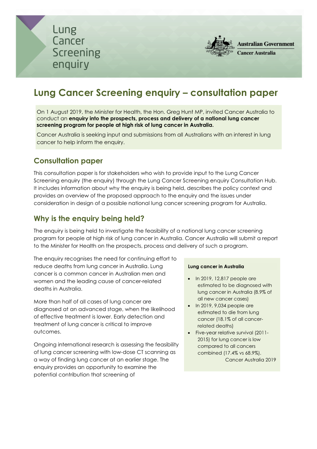 Lung Cancer Screening Enquiry – Consultation Paper