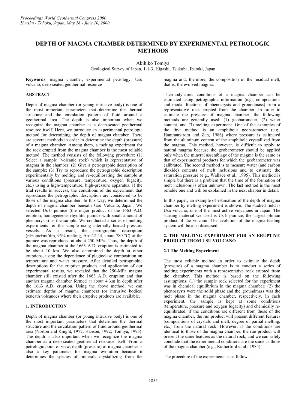 Depth of Magma Chamber Determined by Experimental Petrologic Methods