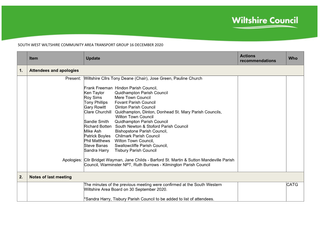 South West Wiltshire Community Area Transport Group 16 December 2020