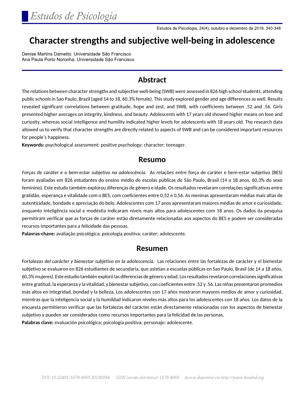 Fortalezas Del Carácter Y Bienestar Subjetivo En La Adolescencia