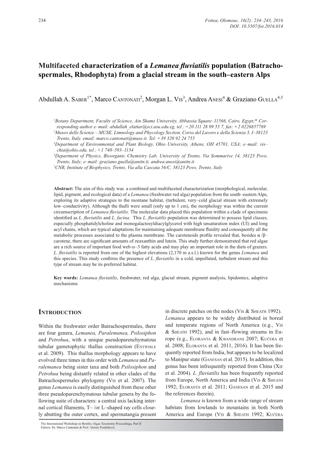 Multifaceted Characterization of a Lemanea Fluviatilis Population (Batrachospermales, Rhodophyta) from a Glacial Stream in the S