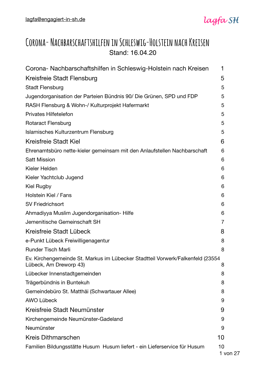 Corona- Nachbarschaftshilfen in Schleswig-Holstein Nach Kreisen Stand: 16.04.20