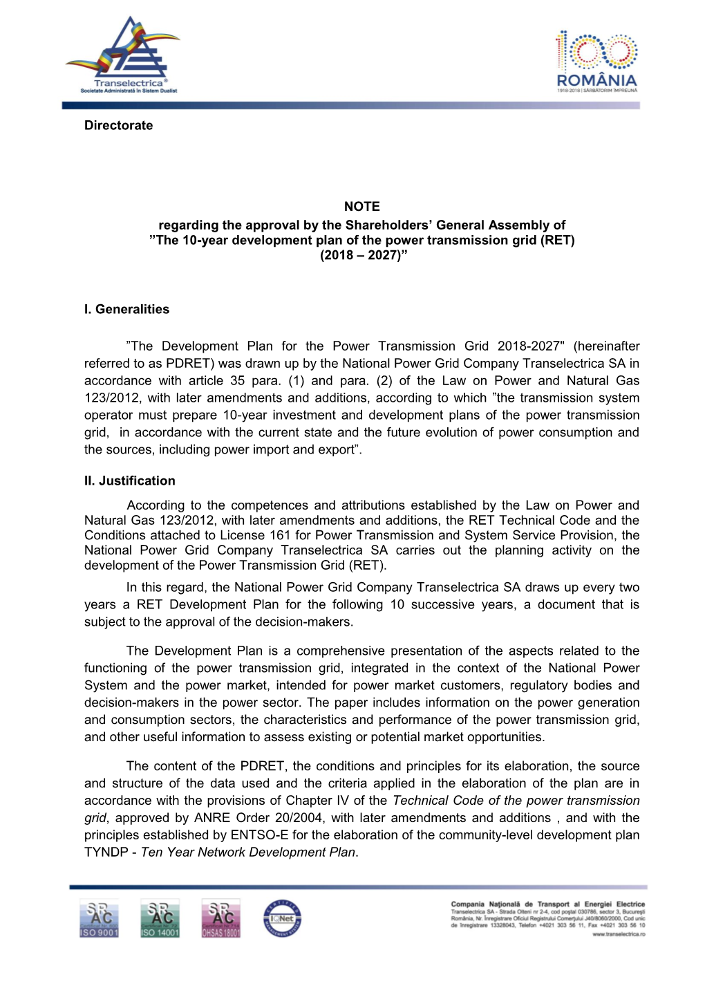 The 10-Year Development Plan of the Power Transmission Grid (RET) (2018 – 2027)”